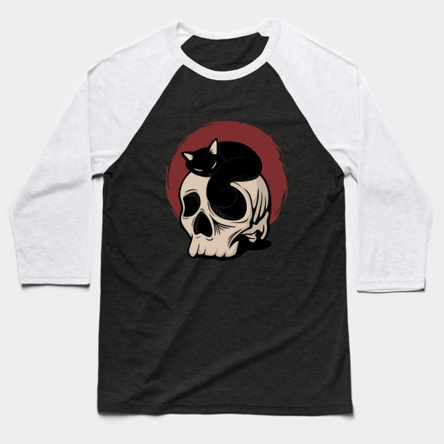 Cat on Skull Baseball T-Shirt by TheRoverhate